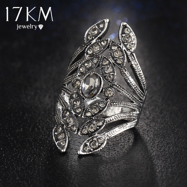 17KM New Fashion Design Gun Black Color Crystal Flower Rings for Women Rhinestone Jewelry Punk anillo hombre bague - khamtronics