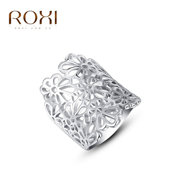 ROXI Brand White gold Color Color Romantic Elegant Flower Ring Statement Rings Fashion Jewelry Women Party Wedding Jewelry - khamtronics