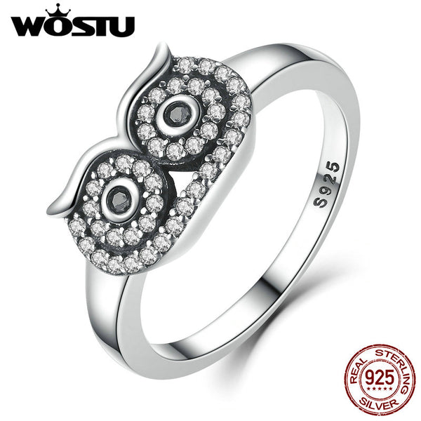 WOSTU Hot Authentic 100% 925 Sterling Silver Clear CZ Crystal Animal Owl Rings for Women Mother's Day Gift Jewelry CQR023 - khamtronics