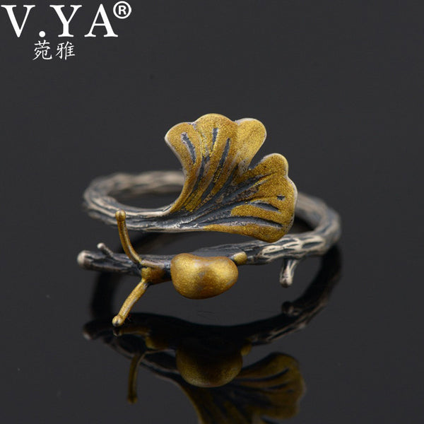 V.YA Unique Animal Snails Leaves Rings Real Pure 925 Sterling Silver Gold Color Open Ring For Women Jewelry Accessories - khamtronics