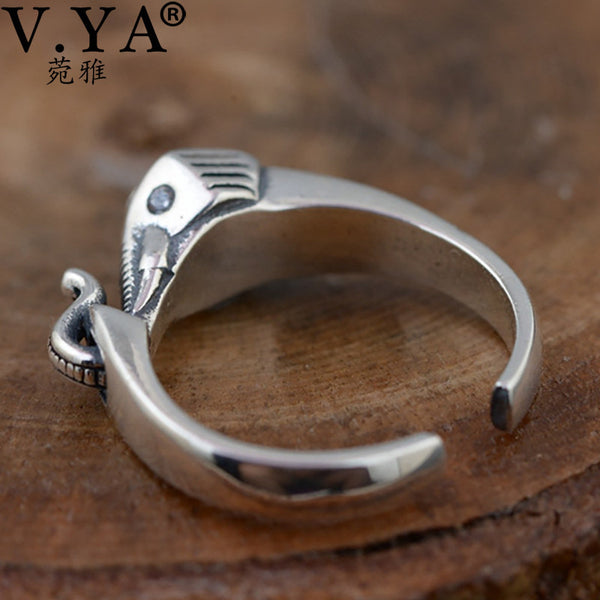 V.YA Vintage Style Elephant Rings For Women Lady Real Pure 925 Sterling Silver CZ Crystal Animal Open Ring Jewelry - khamtronics