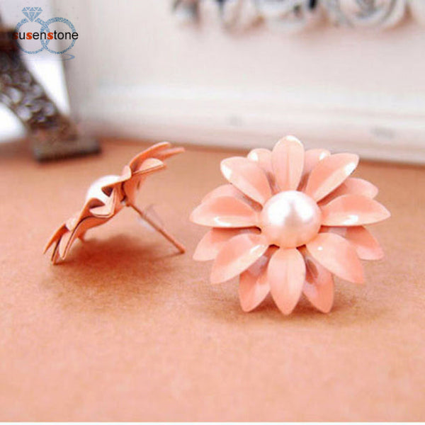 SUSENSTONE Women Lovely Studs Earrings Daisy Flower Pearl Earrings Beautiful Decoration Earrings Cute for Girls earrings - khamtronics