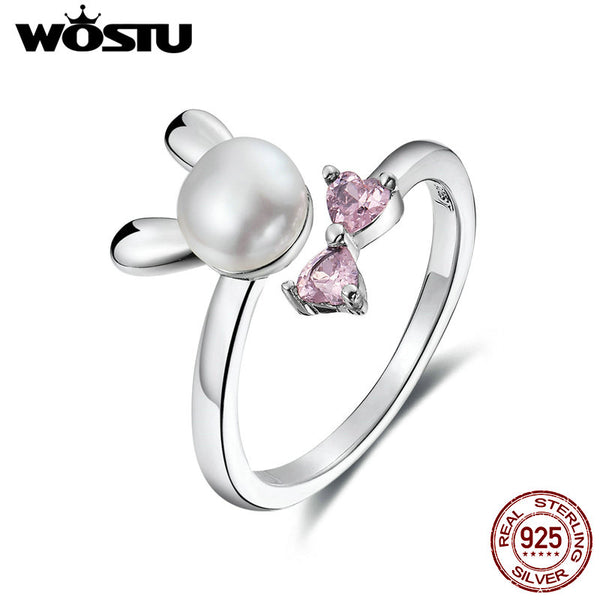 WOSTU  Pure 100% 925 Sterling Silver Real Freshwater Pearl Rabbit Bunny Rings with Pink Cute Heart Cubic Zircon for Women CQR078 - khamtronics