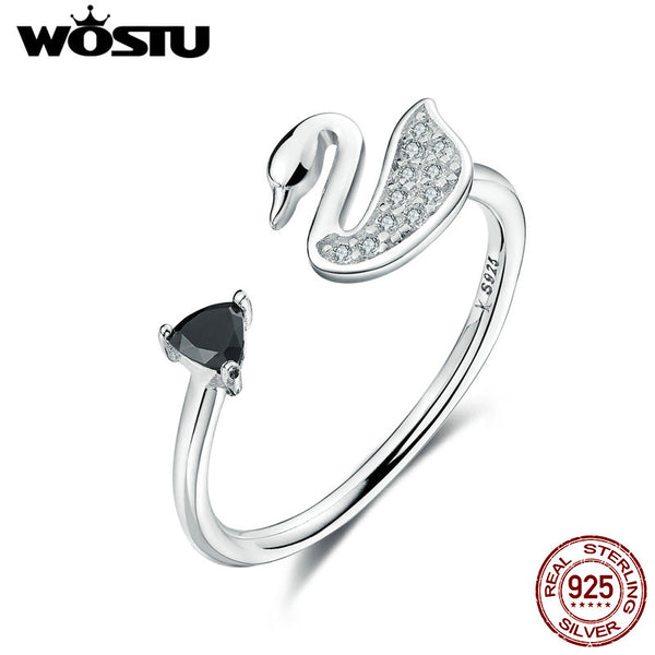 WOSTU  Pure 100% Sterling Silver Swan And Black Triangle Cubic Zircon Open Adjustable Finger Rings For Women Party Gift CQR075 - khamtronics