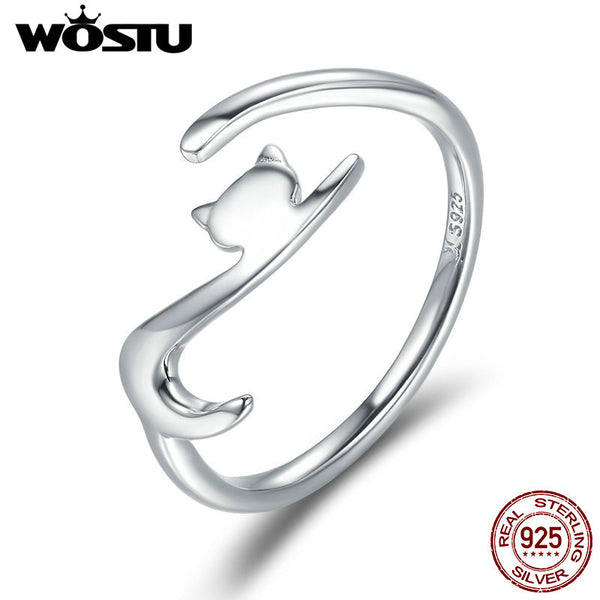 WOSTU 100% 925 Sterling Silver Sticky Cat with Long Tail Finger Ring For Women Adjustable S925 Silver Ring Jewelry Gift CQR220 - khamtronics